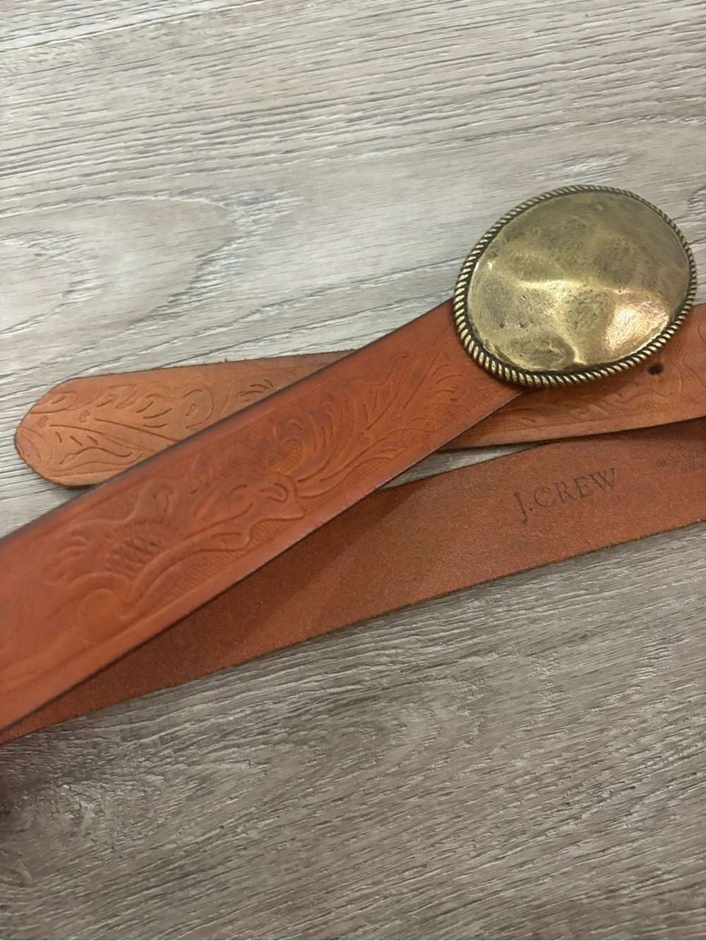 J.Crew Embossed Leather Belt with Brass Oval Buckle size L Large in Brown - Picture 3 of 9